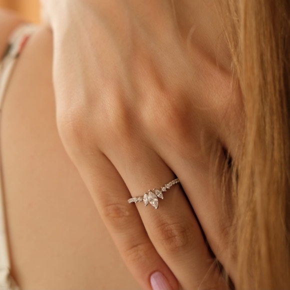 Tiara Marquise Cut Diamond Ring Crown Dainty Curved Sterling Silver - Picture 4 of 6